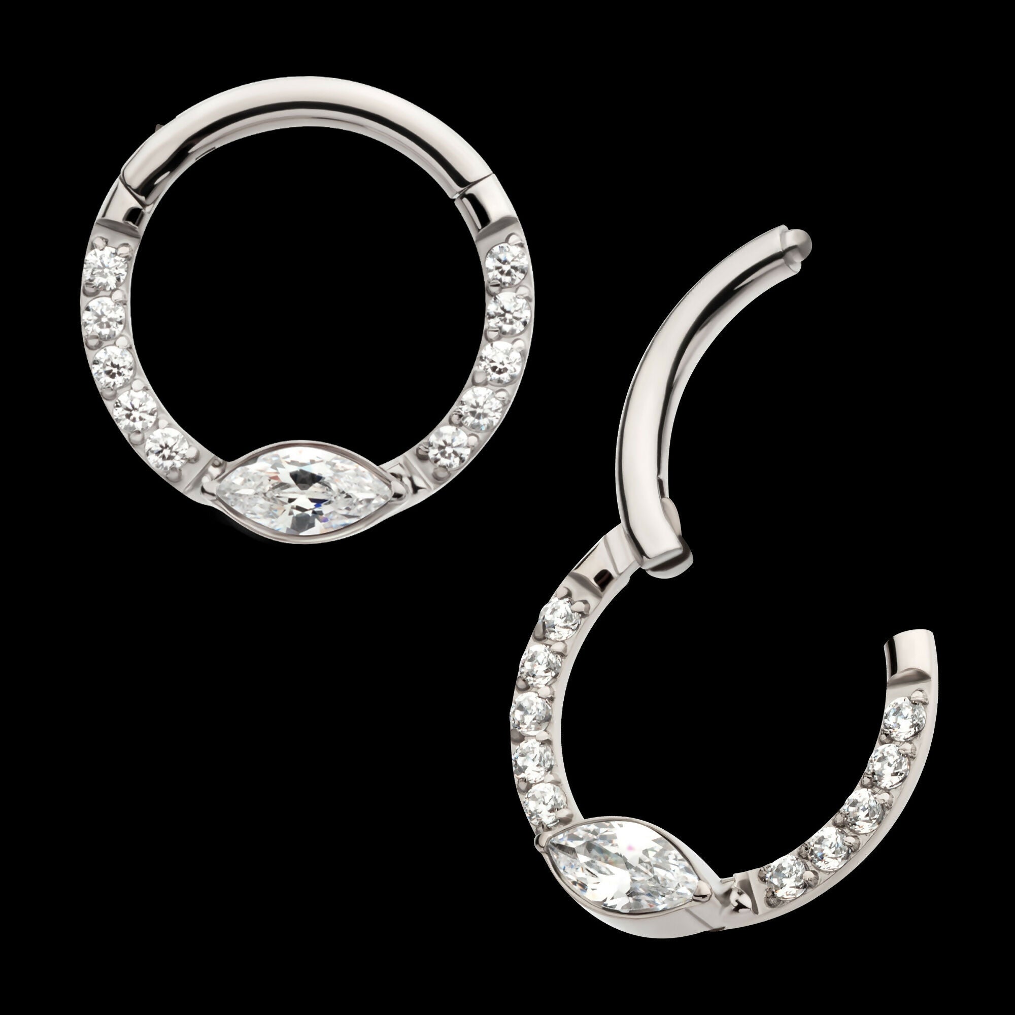 Eye CZ Front Facing Hinged Segment Clicker with CNC Set Round CZ Hoop Earring / Nosering – Titanium