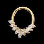24Kt Gold PVD Titanium 9 Gem Marquise Cluster Front Facing Hinged Segment Clicker Hoop Earring / Nosering