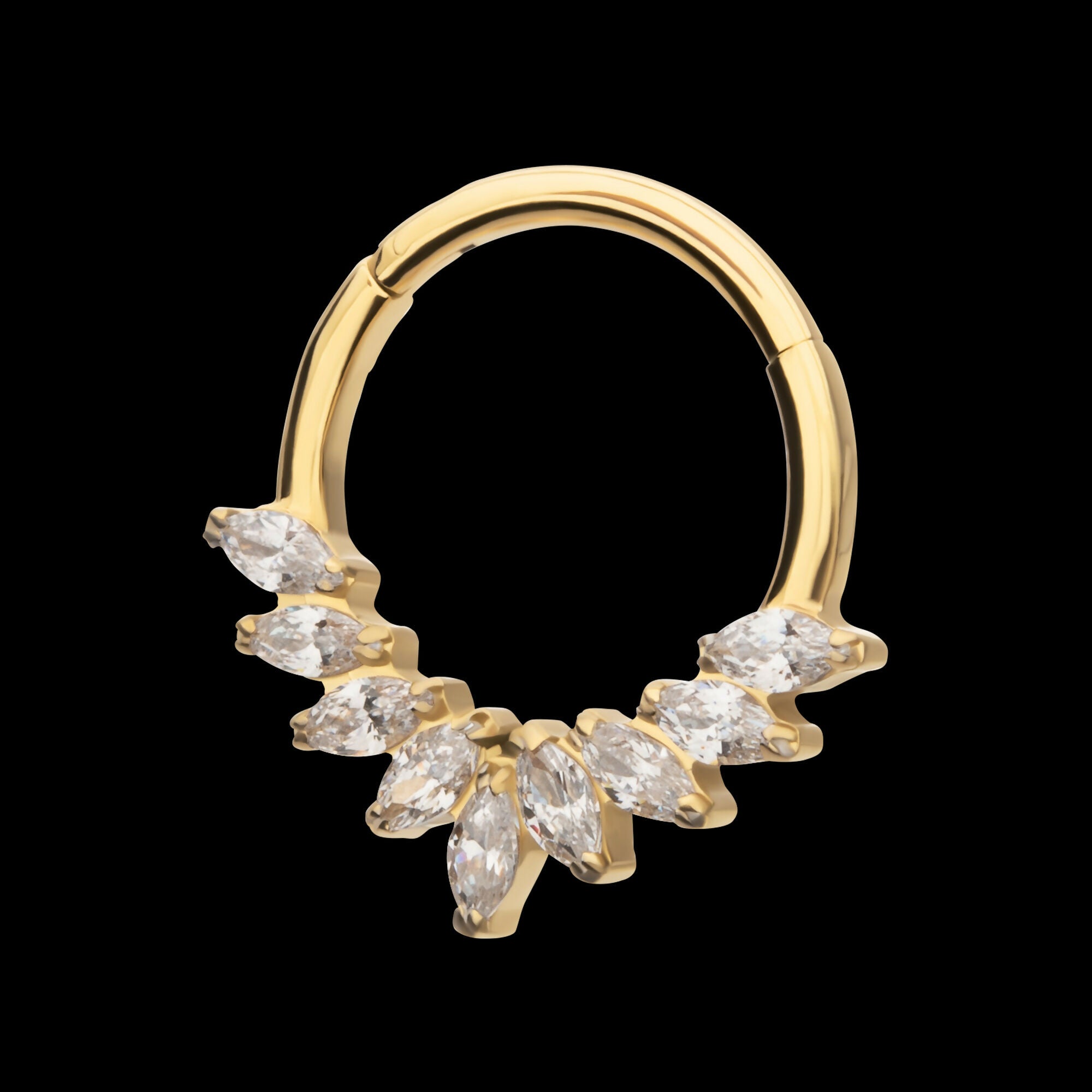 24Kt Gold PVD Titanium 9 Gem Marquise Cluster Front Facing Hinged Segment Clicker Hoop Earring / Nosering