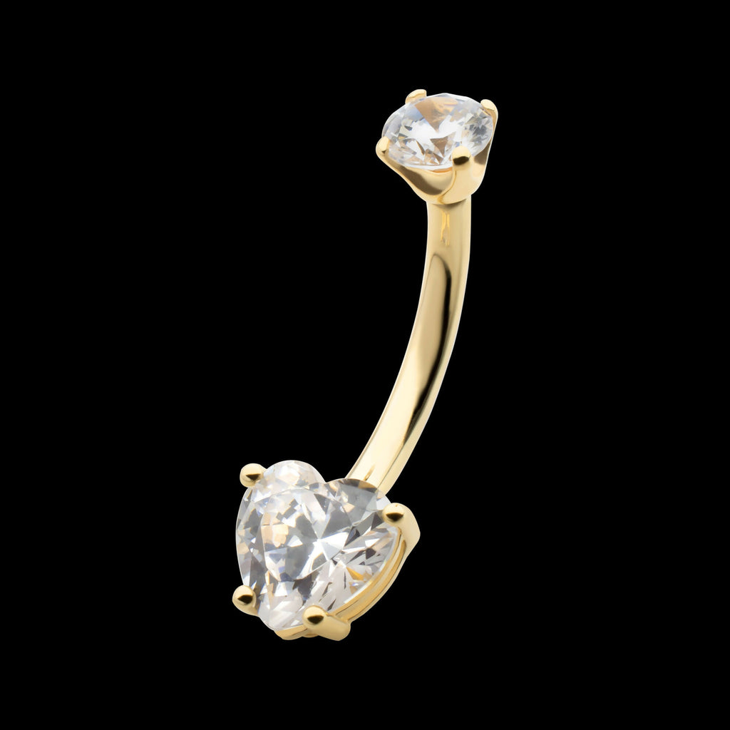Internally Threaded 4-Prong Round & Heart Clear CZ Fixed Bottom Navel Earring / Nosering – 14Kt Gold