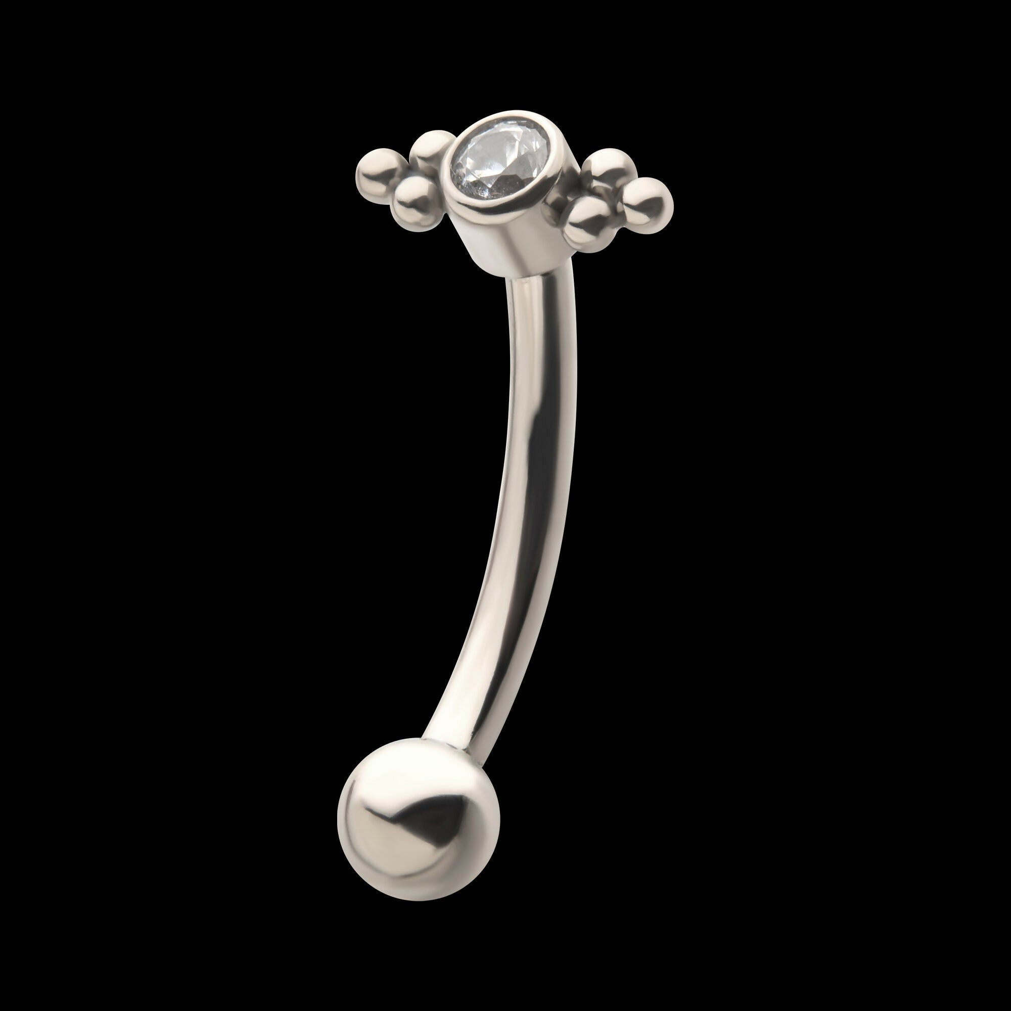 Internally Threaded with Tri Bead Bezel Set CZ Cluster Fixed Top Curved Barbell Earring / Nosering – Titanium