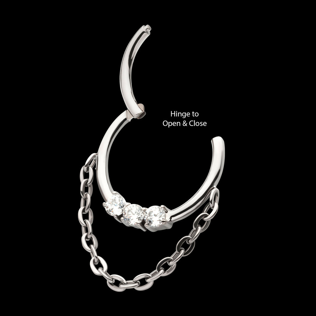 3-Cluster Prong Set Round CZ Front Facing Hinged Segment Clicker with Dangle Chain Hoop Earring / Nosering – Titanium