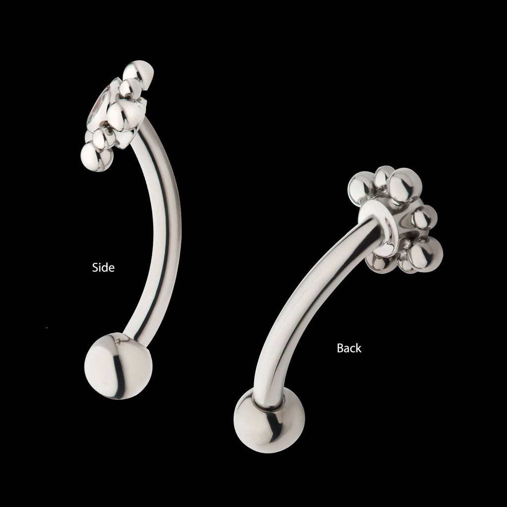 Internally Threaded with Beads Around Bezel Set Clear AAA CZ Flower Fixed Top Curved Barbell Earring / Nosering – Titanium