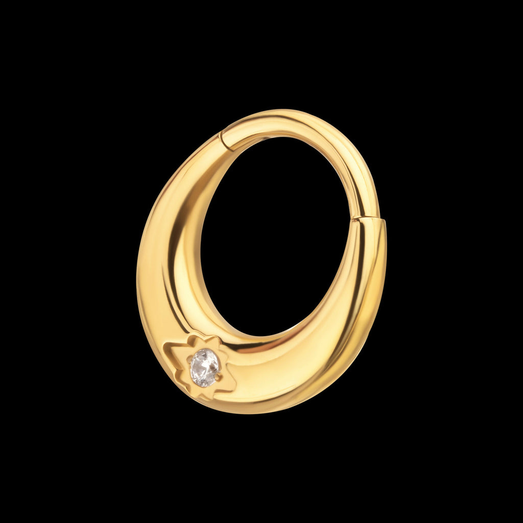 24Kt Gold PVD Titanium Etched Design with Prong Set Gem Sleek Dome Septum Front Facing Hinged Segment Clicker Hoop Earring / Nosering