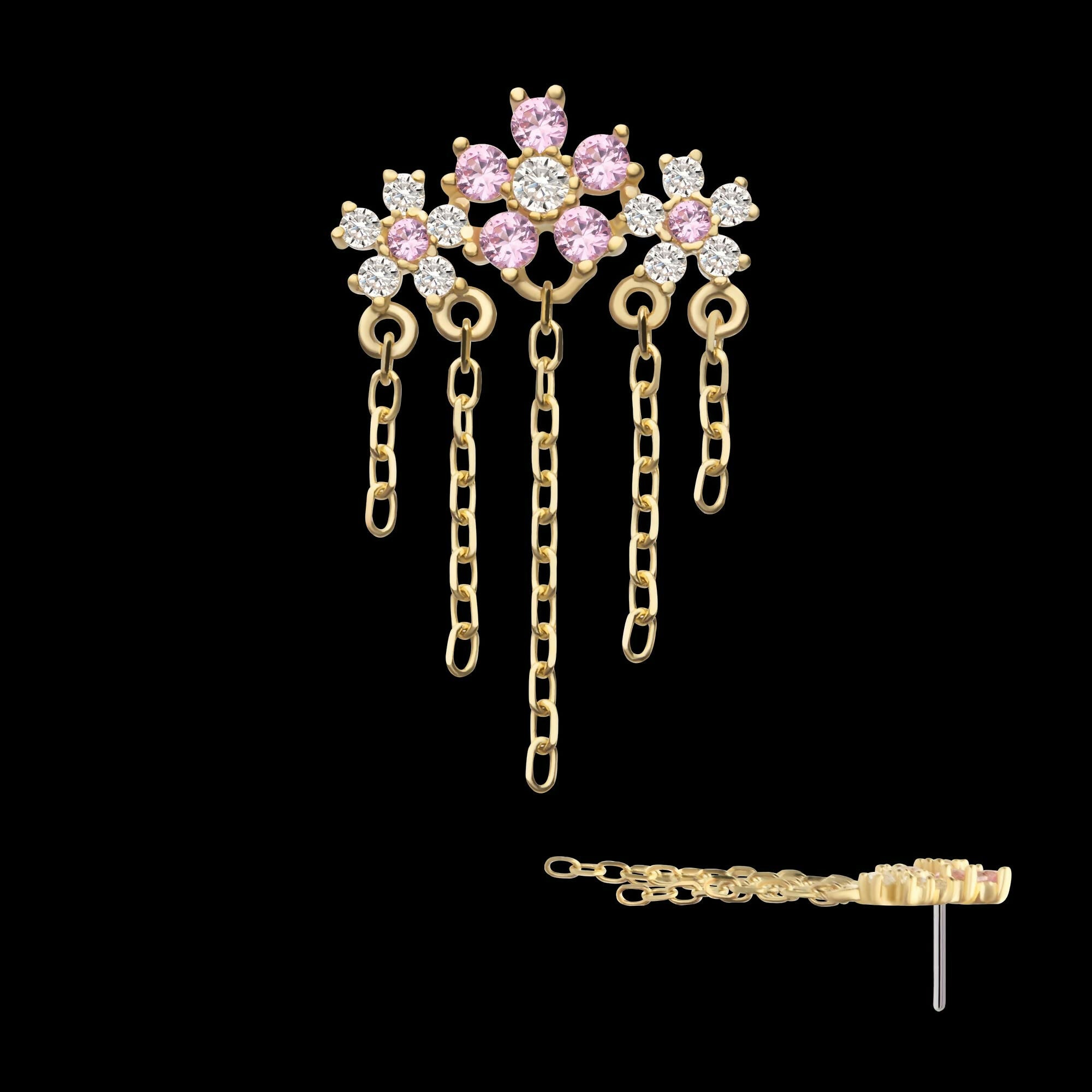 14Kt Yellow Gold Threadless Prong Set Gem Triple Cherry Blossom Flower Top with 5-Chain Dangle