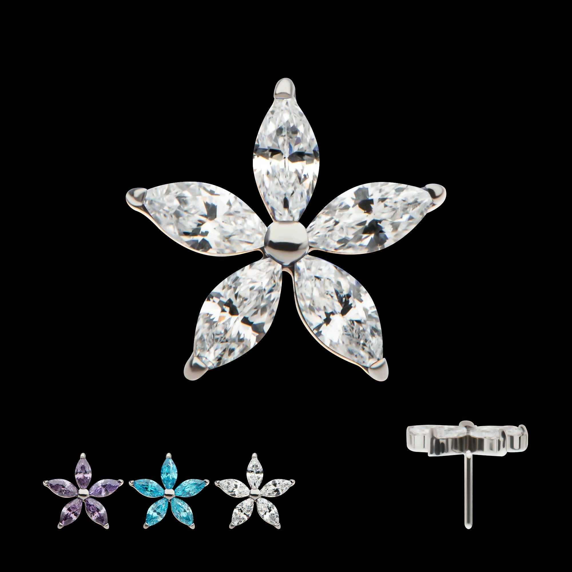 Titanium Threadless Pronged Marquise CZ 5-Petal Flower Top