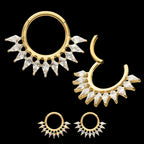24Kt Gold PVD Titanium Kite Shape Gem Cluster Fan Front Facing Hinged Segment Clicker Hoop Earring / Nosering