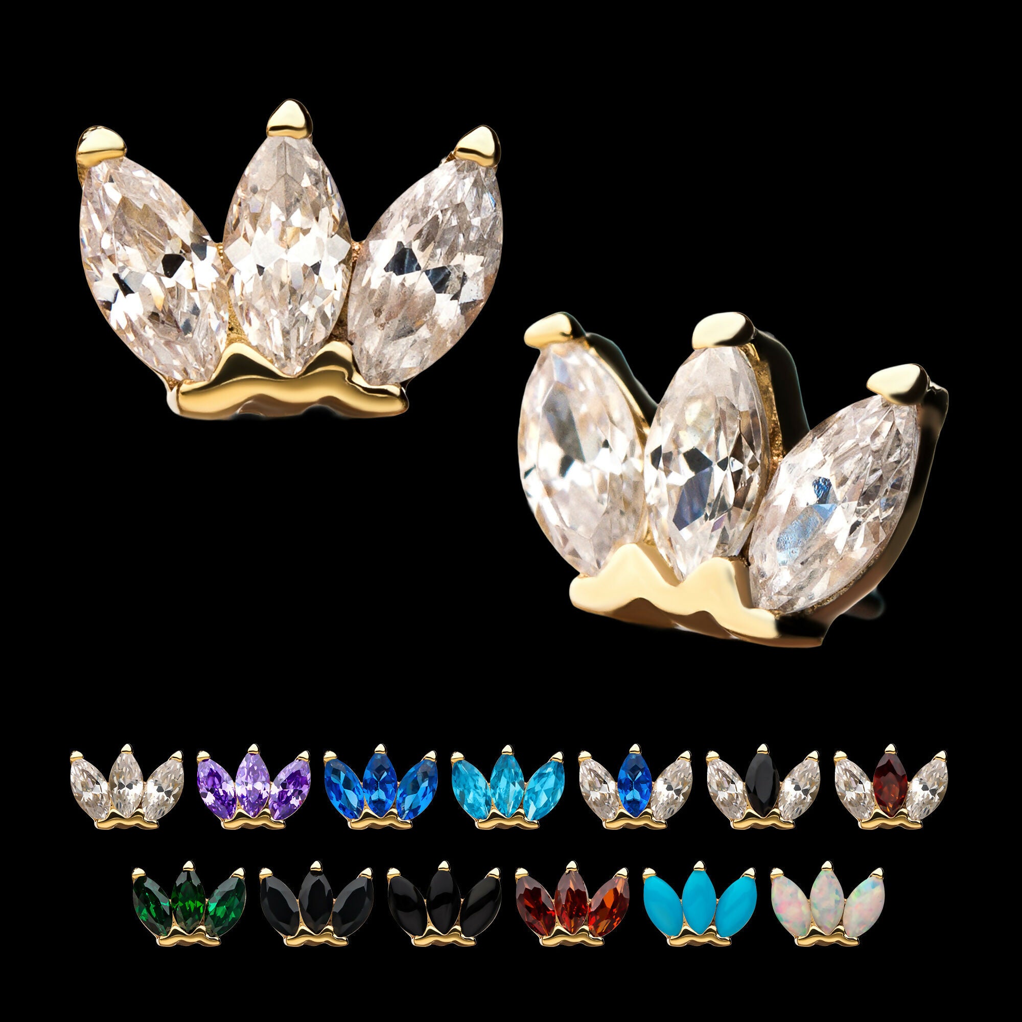 14Kt Gold with Triple Marquise Cluster Threadless Tops