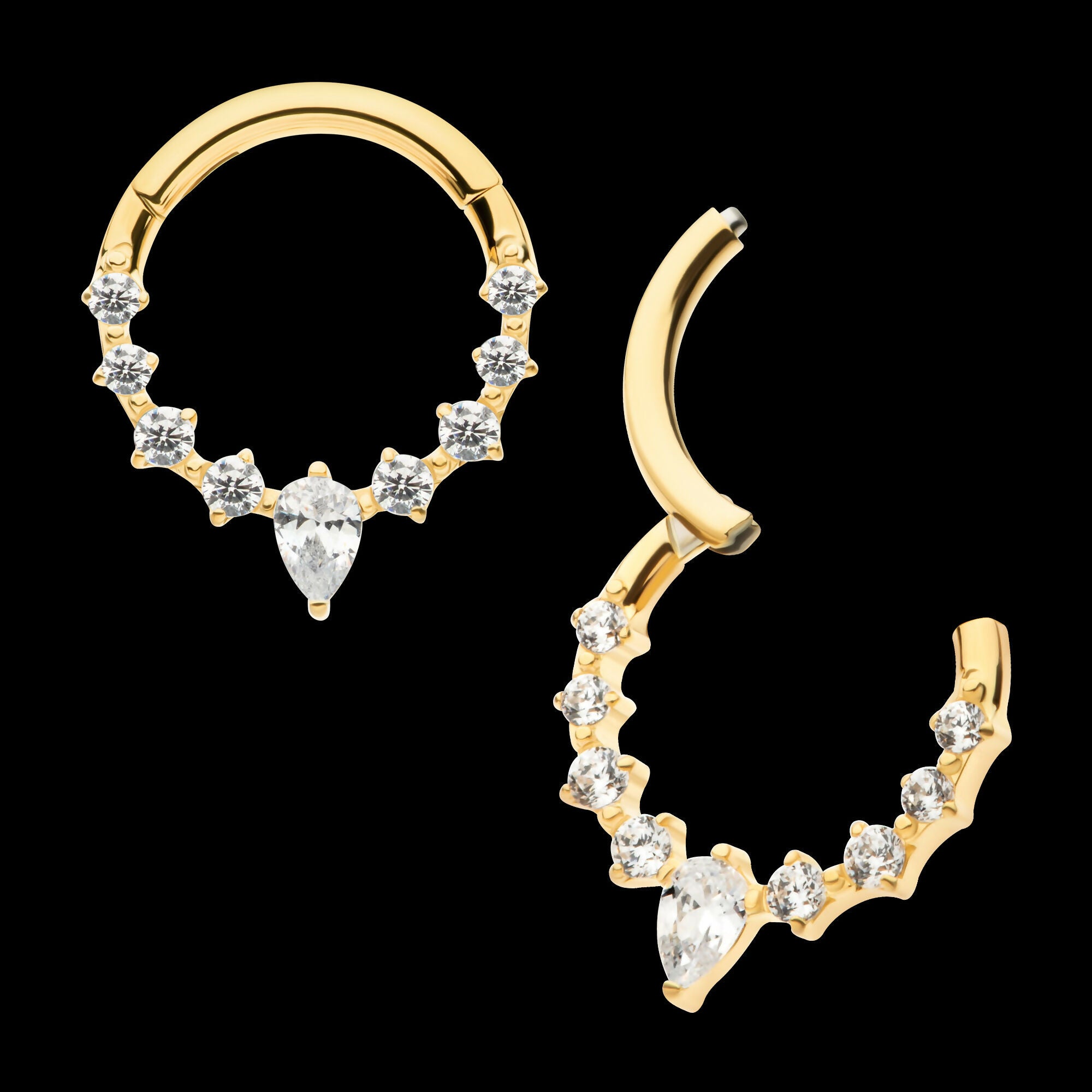 24Kt Gold PVD Titanium 9-Cluster Prong Set Round & Teardrop CZ Front Facing Hinged Segment Clicker Hoop Earring / Nosering