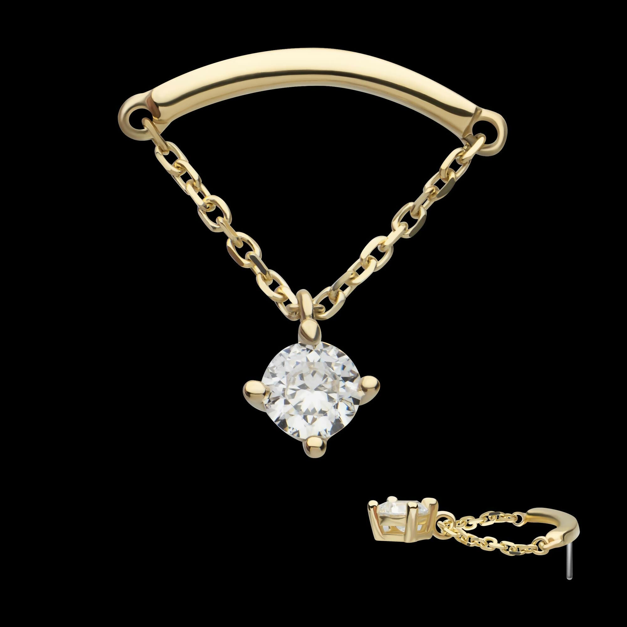 14Kt Yellow Gold Threadless Curve Bar Top with 1 Round Prong Set CZ Dangle Chain