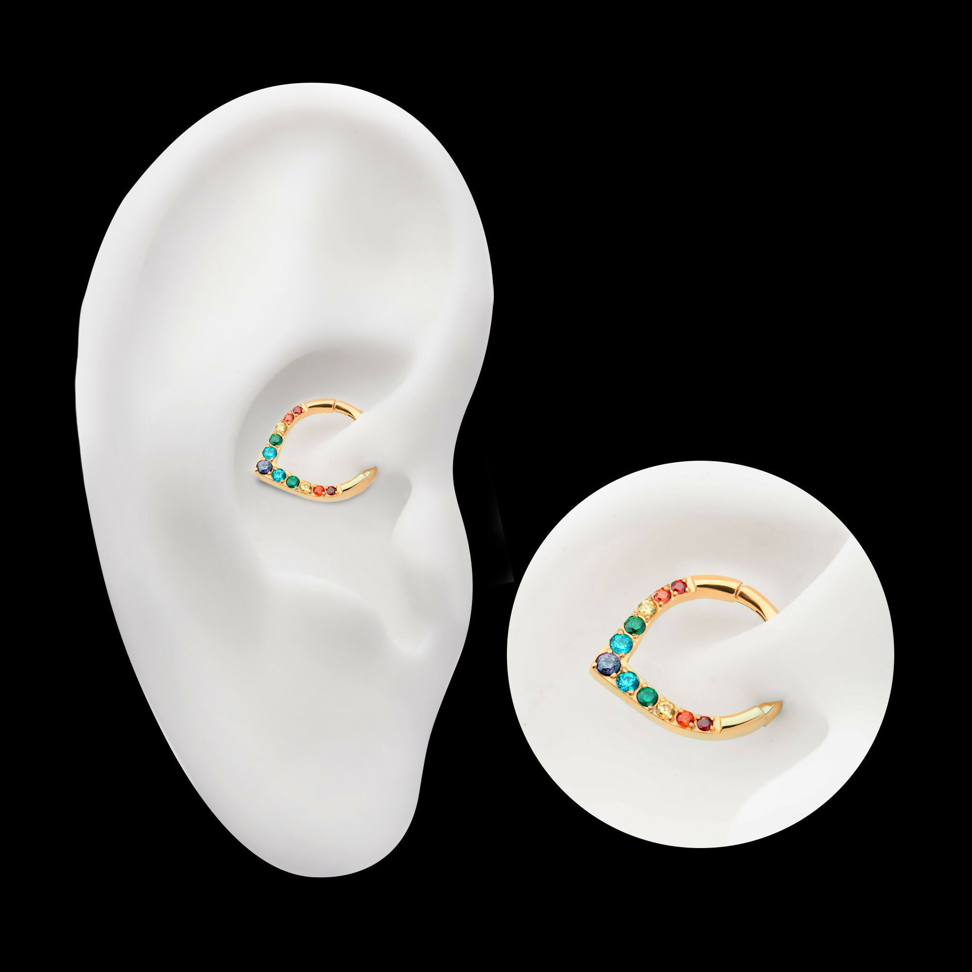 24Kt Gold PVD Titanium CNC Set Gem Front Facing Teardrop Shape Hinged Segment Clicker Hoop Earring / Nosering
