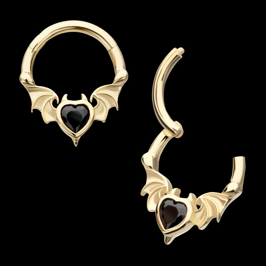 Carved Bat Wings with Devil Heart Bezel Gem Front Facing Hinged Segment Clicker Hoop Earring / Nosering – 14Kt Yellow Gold