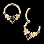 Carved Bat Wings with Devil Heart Bezel Gem Front Facing Hinged Segment Clicker Hoop Earring / Nosering – 14Kt Yellow Gold