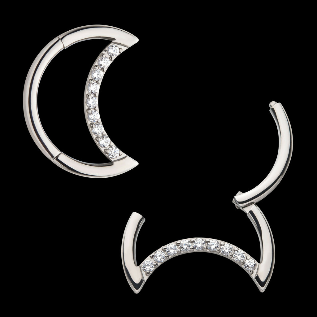 Crescent Moon with CZ Front Facing Hinged Segment Clicker Hoop Earring / Nosering – Titanium