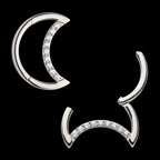 Crescent Moon with CZ Front Facing Hinged Segment Clicker Hoop Earring / Nosering – Titanium