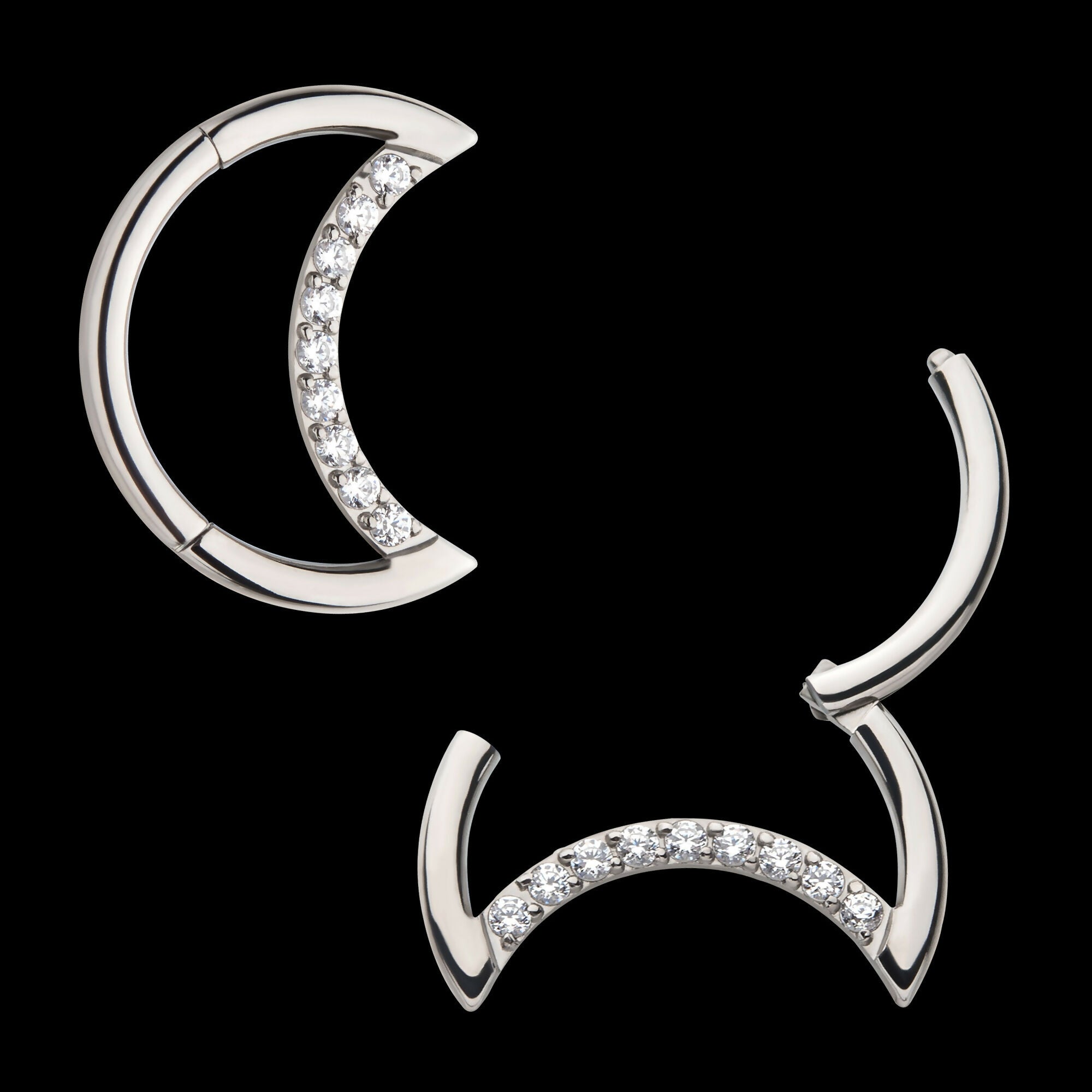 Crescent Moon with CZ Front Facing Hinged Segment Clicker Hoop Earring / Nosering – Titanium