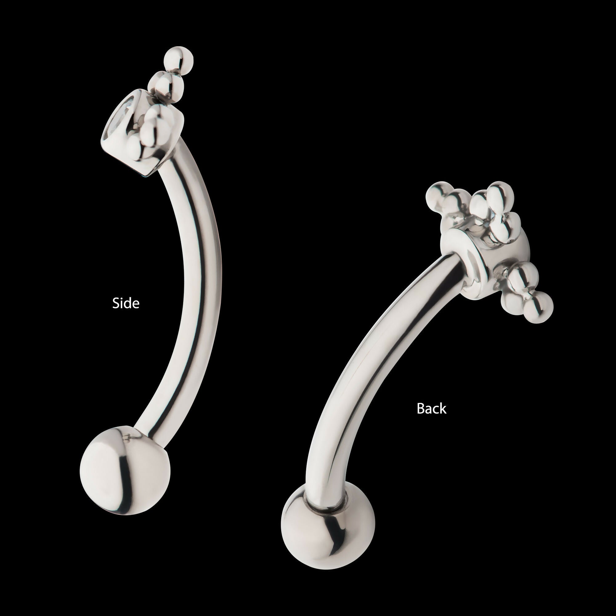 Internally Threaded with Tri Beads Set & Bezel Set Clear AAA CZ Fixed Top Curved Barbell Earring / Nosering – Titanium