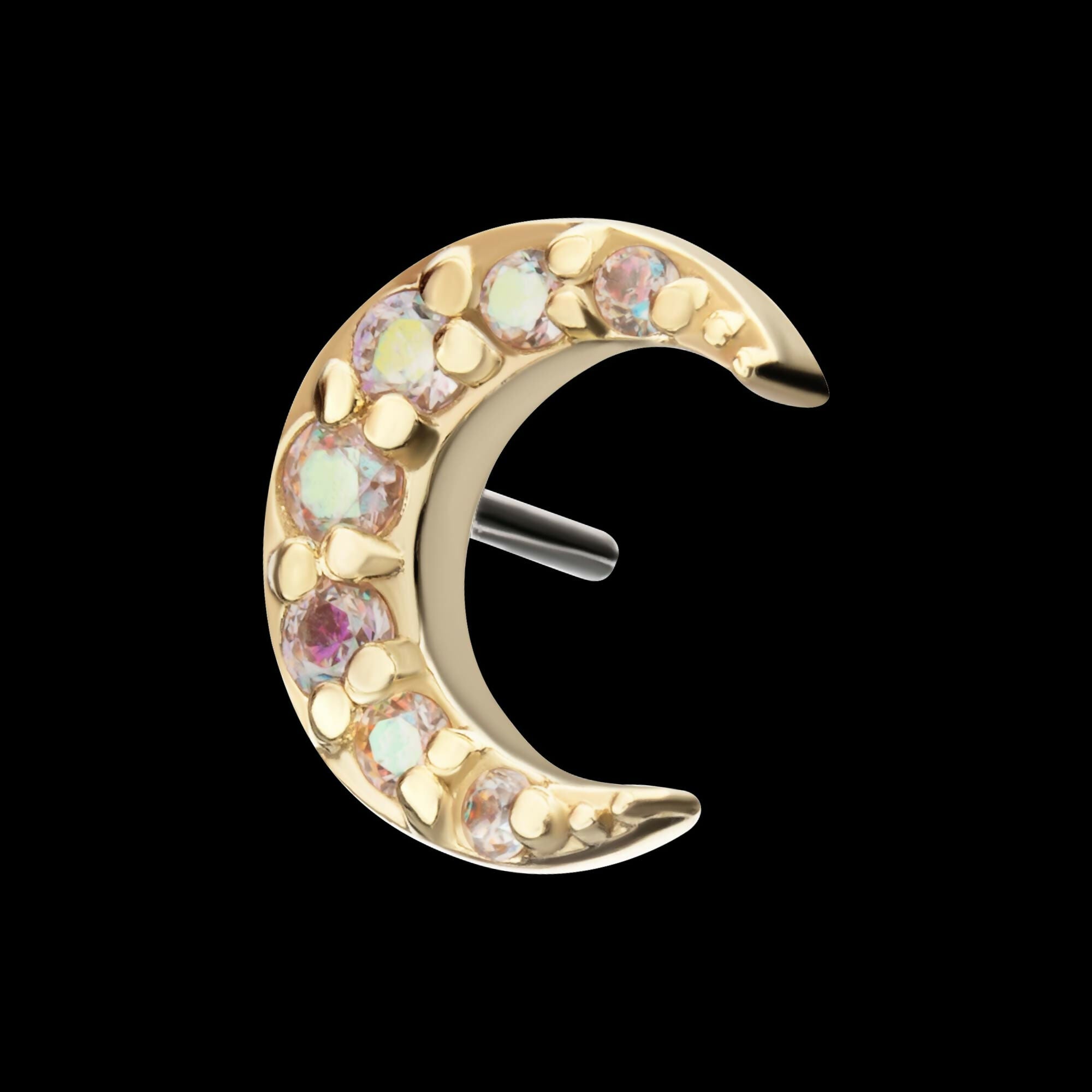 14Kt Yellow Gold Threadless Pave Set Round Gem Crescent Moon Top
