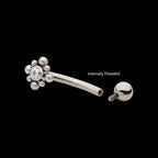 Internally Threaded with Beads Around Bezel Set Clear AAA CZ Flower Fixed Top Curved Barbell Earring / Nosering – Titanium