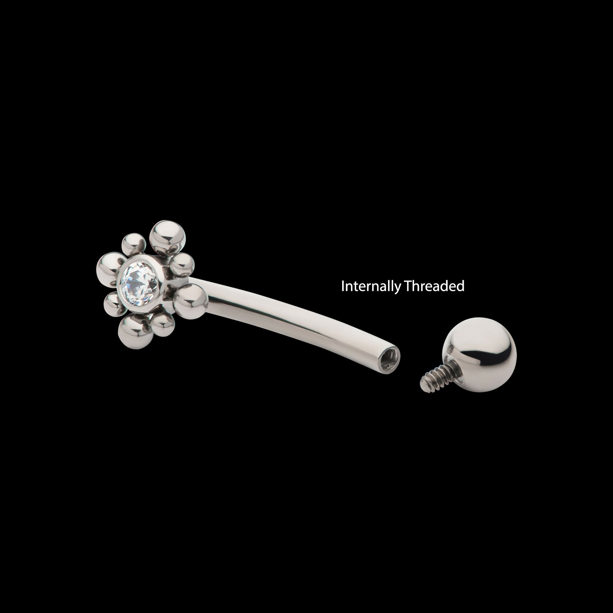 Internally Threaded with Beads Around Bezel Set Clear AAA CZ Flower Fixed Top Curved Barbell Earring / Nosering – Titanium