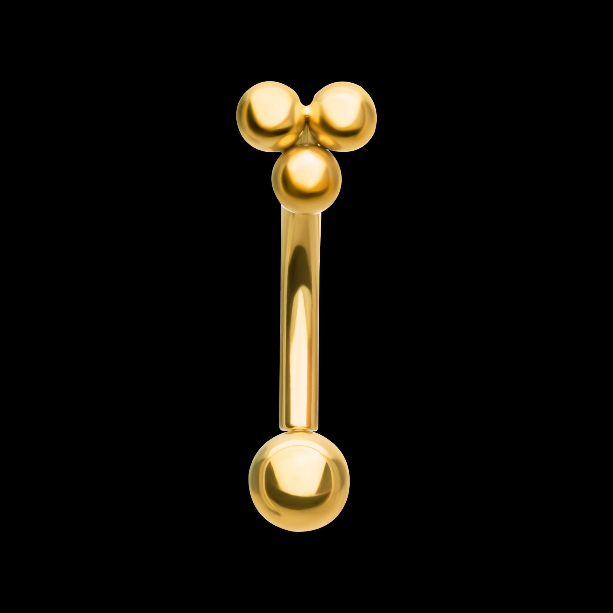 24kt Gold PVD Titanium Tri-Bead Fixed Top with Bottom Curved Barbell Earring / Nosering