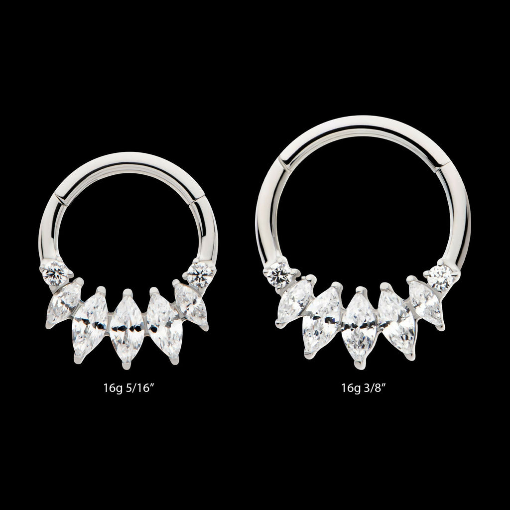 Clustered Prong Set Round & Marquise CZ Front Facing Hinged Segment Clicker Hoop Earring / Nosering – Titanium