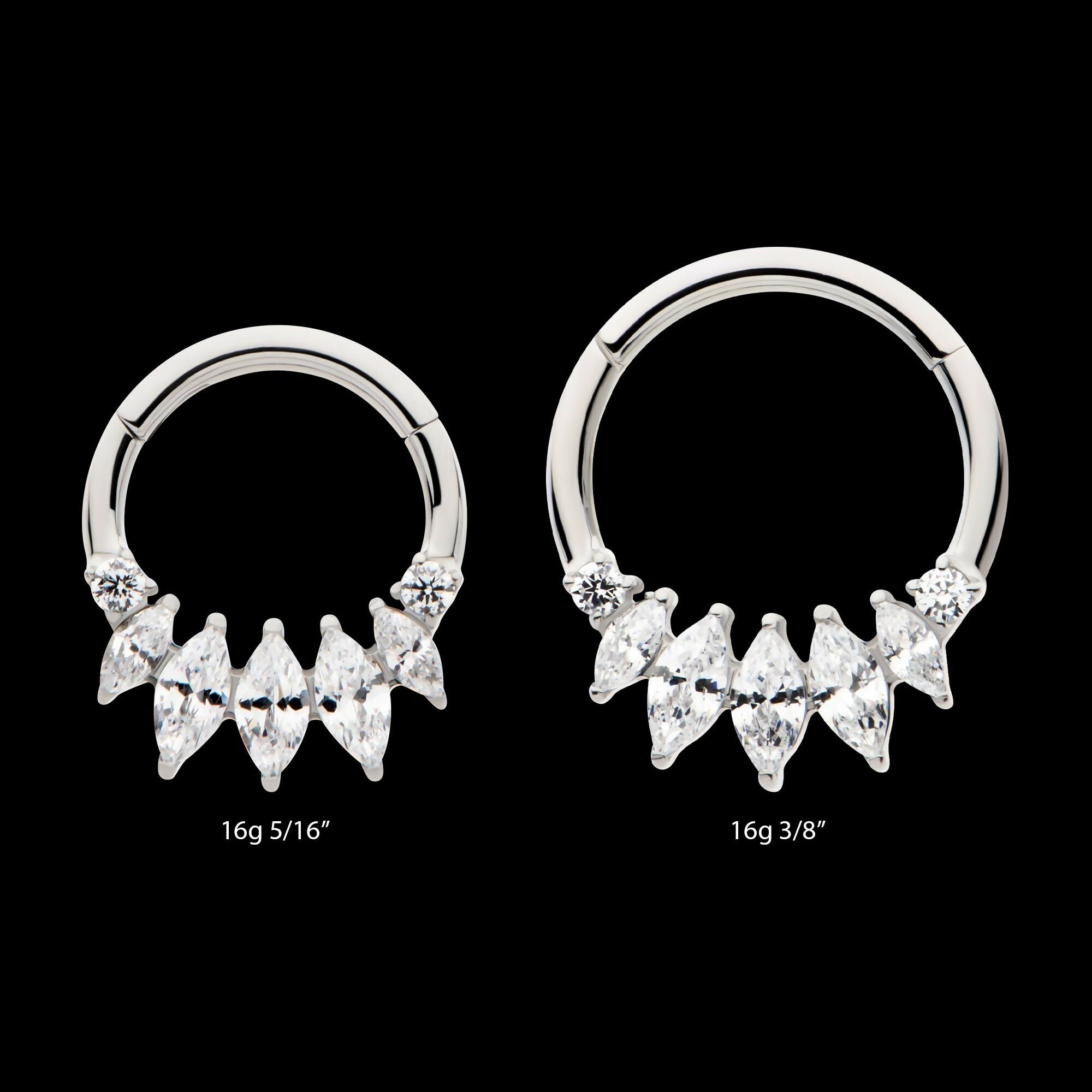 Clustered Prong Set Round & Marquise CZ Front Facing Hinged Segment Clicker Hoop Earring / Nosering – Titanium
