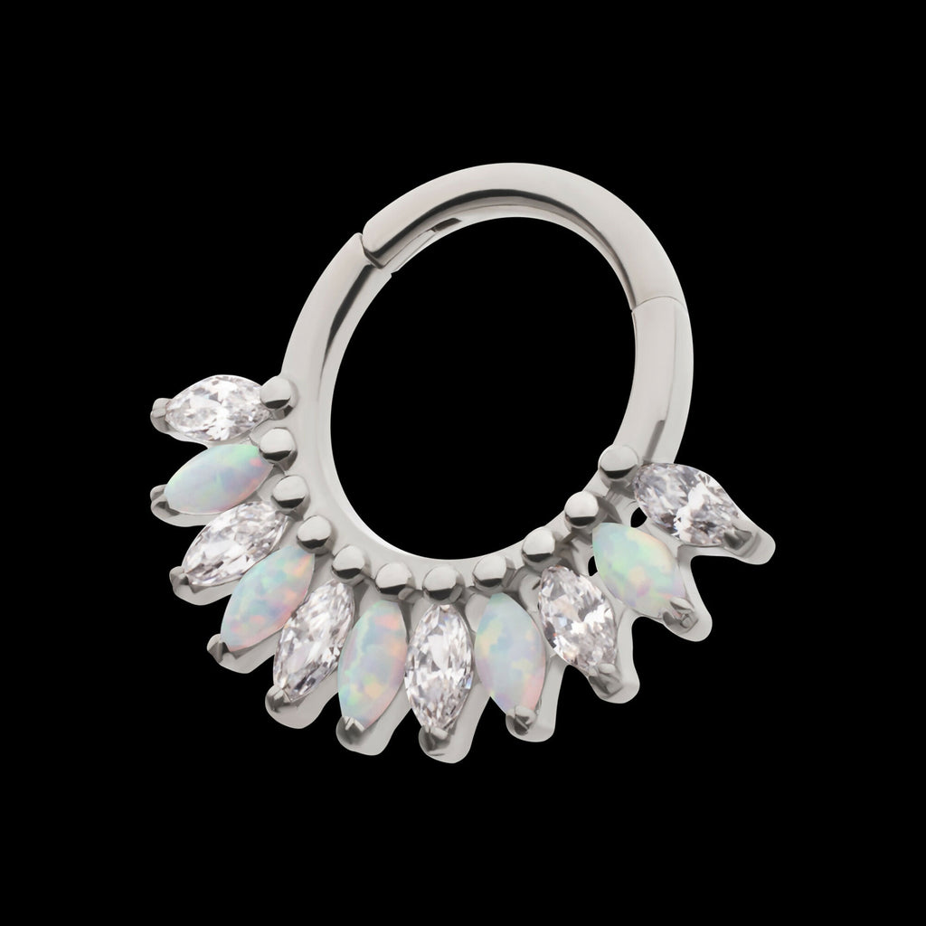 Prong Set Marquise Gem & Opal Cluster Fan Front Facing Hinged Segment Clicker Hoop Earring / Nosering – Titanium
