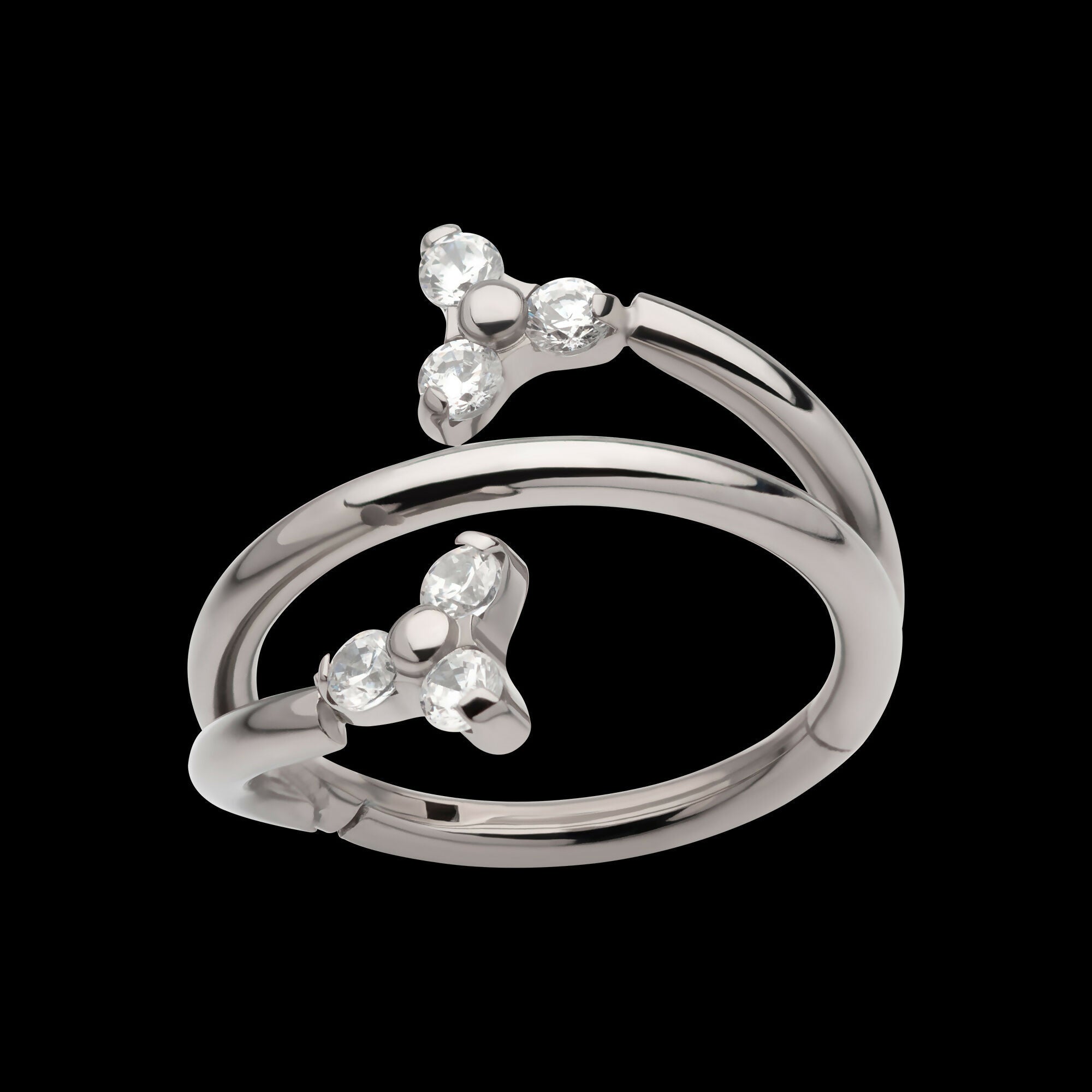 Double Ended Twist Side Facing Hinged Segment Clicker with Pronged Trinity CZ Hoop Earring / Nosering – Titanium