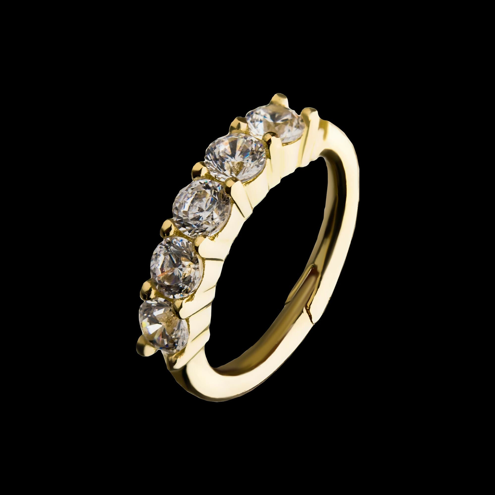 Prong Set 5-Clear CZ Gem on Top Hinged Segment Clicker Hoop Earring / Nosering – 14Kt Gold