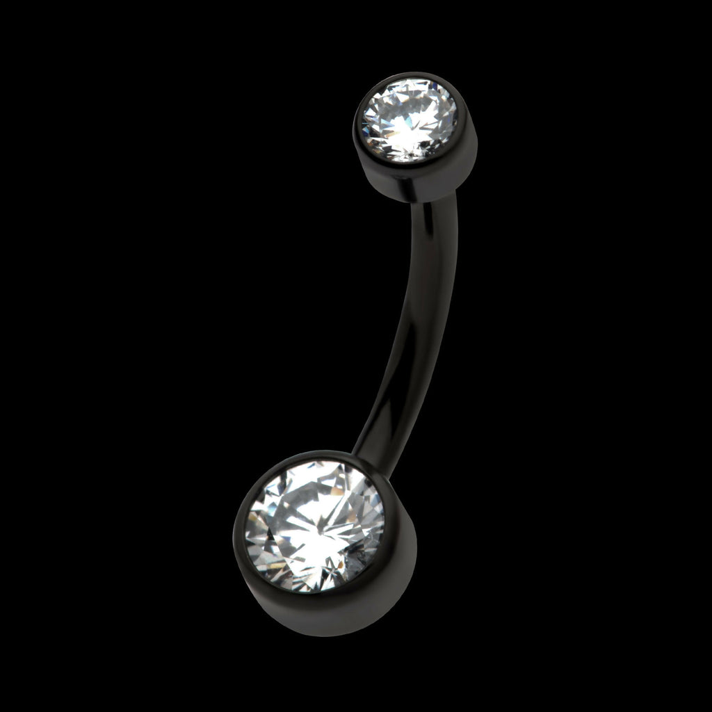 Black PVD Titanium Internally Threaded Bezel Set Double CZ Smooth Rounded Back Fixed Bottom Navel Ring Earring / Nosering