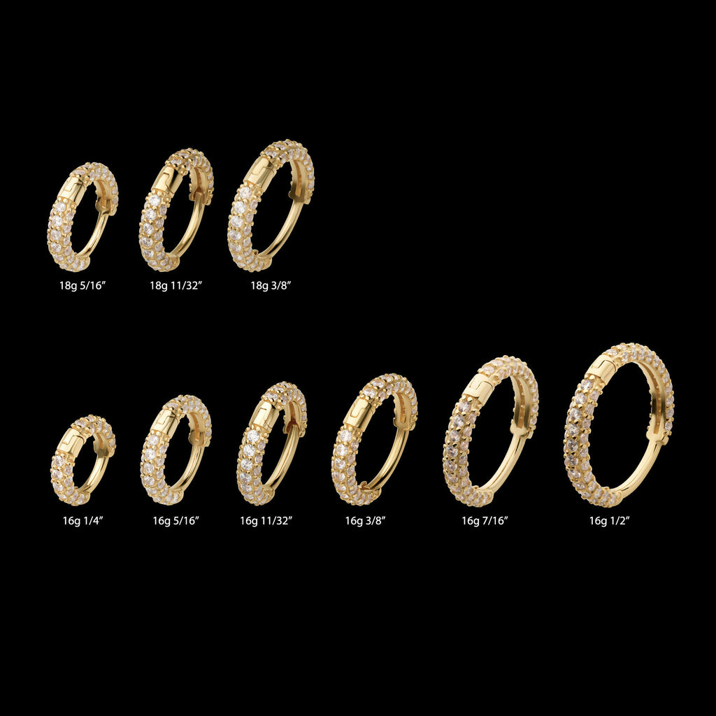 3 Row Pave Set Gem Hinged Hoop Huggie Earrings – 14Kt Yellow Gold