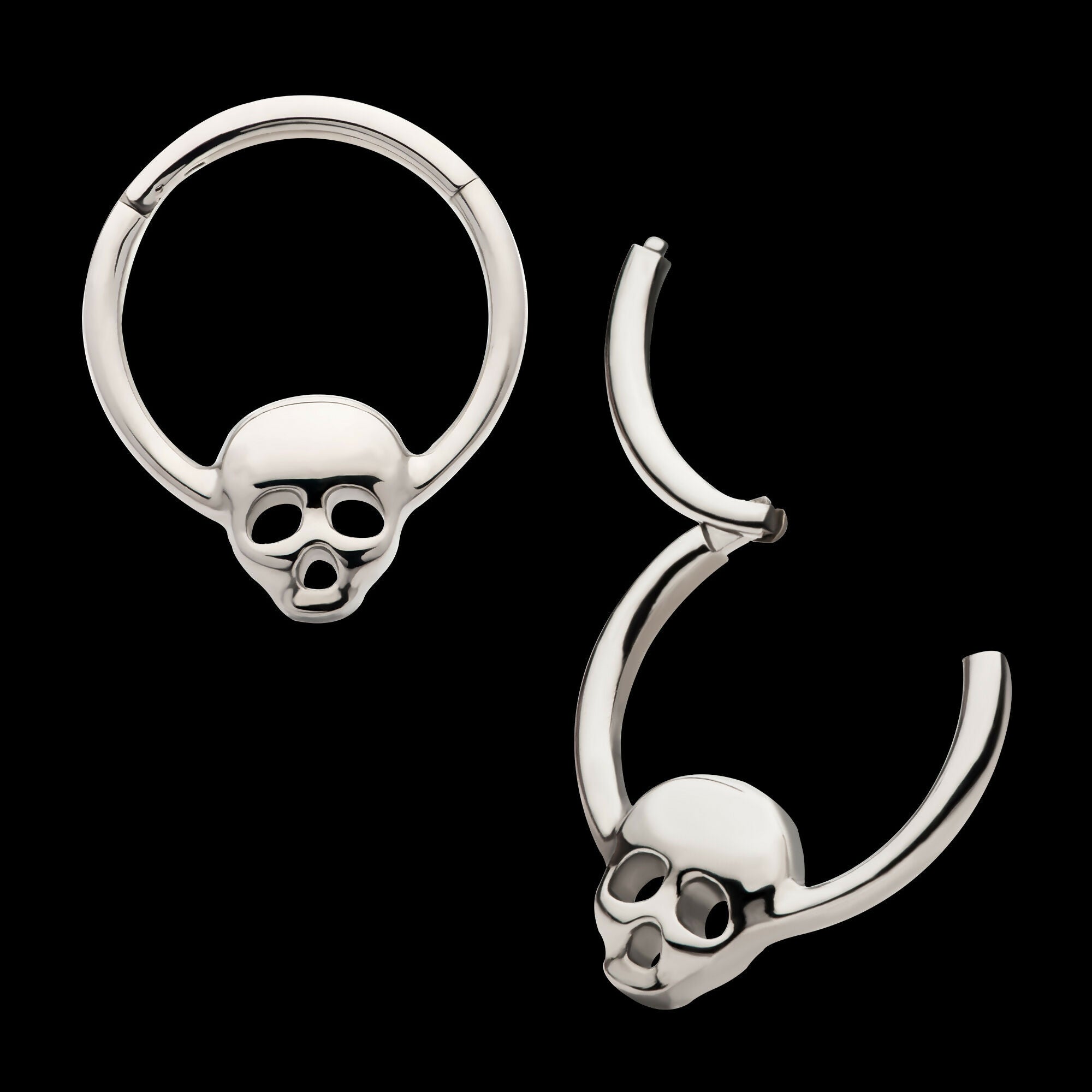 Centered Skull Front Facing Hinged Segment Clicker Hoop Earring / Nosering – Titanium