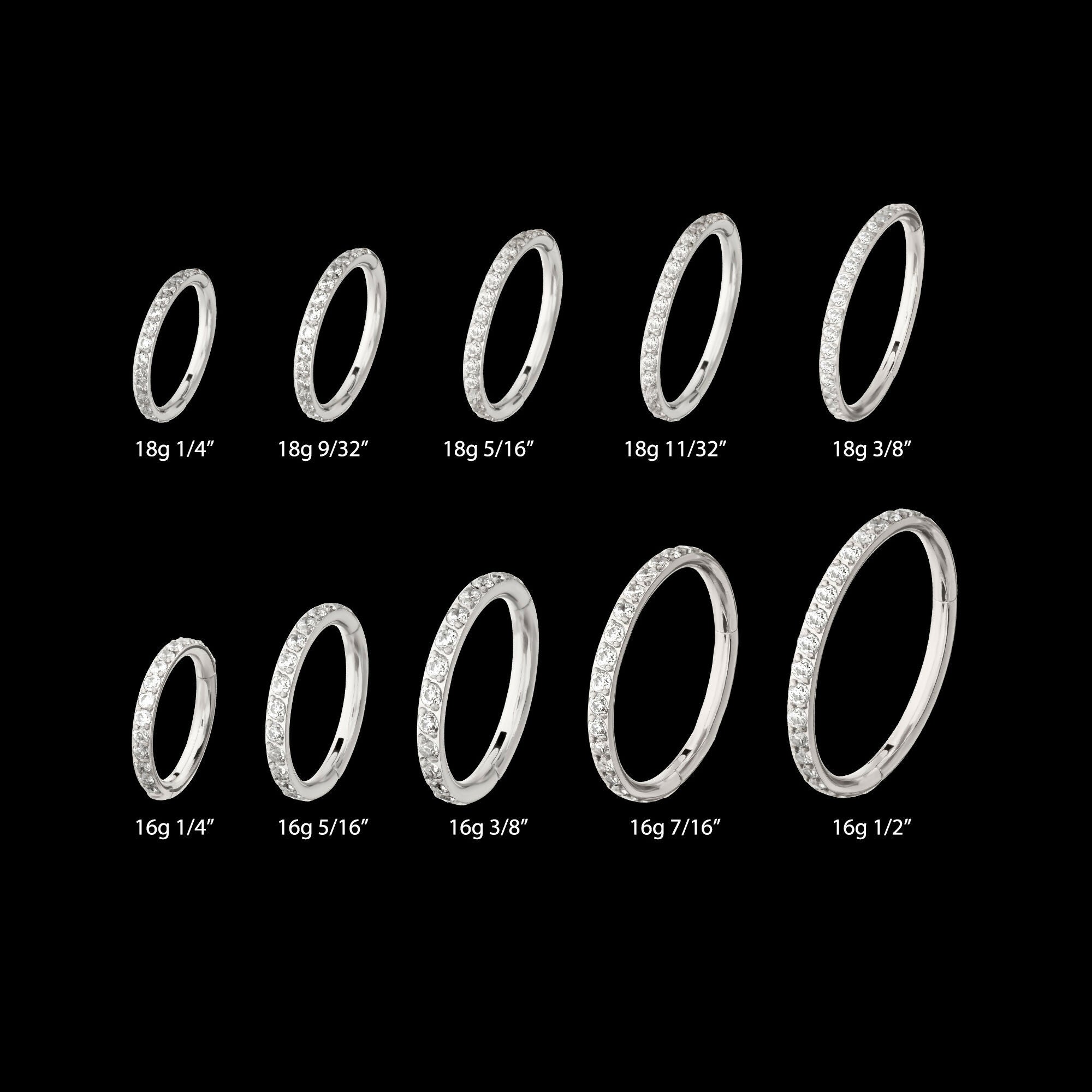 Platinum PVD Titanium 1mm CNC Set Full Clear CZ Eternity Gem Side Facing Hinged Segment Clicker Hoop Earring / Nosering