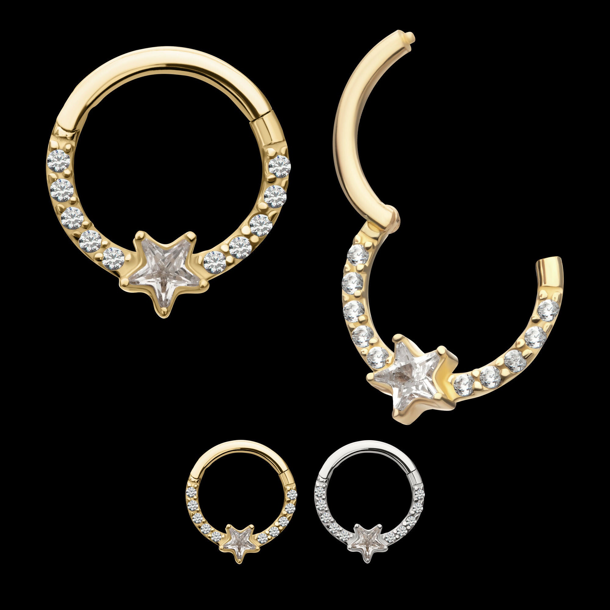 1mm CNC Set Gem Cluster with 3mm Star Gem Front Facing Hinged Segment Clicker Hoop Earring / Nosering – 14Kt Gold
