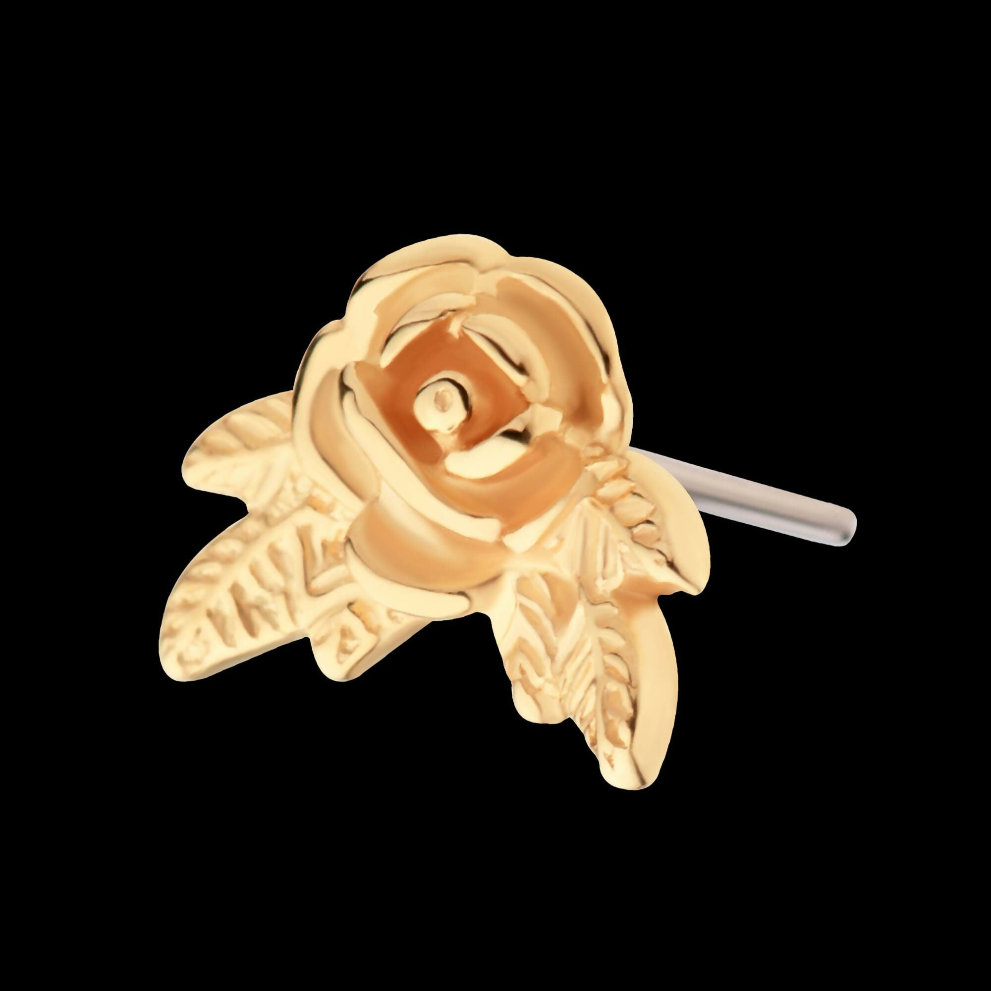 14Kt Yellow Gold Threadless Angled Rose with Leaves Top