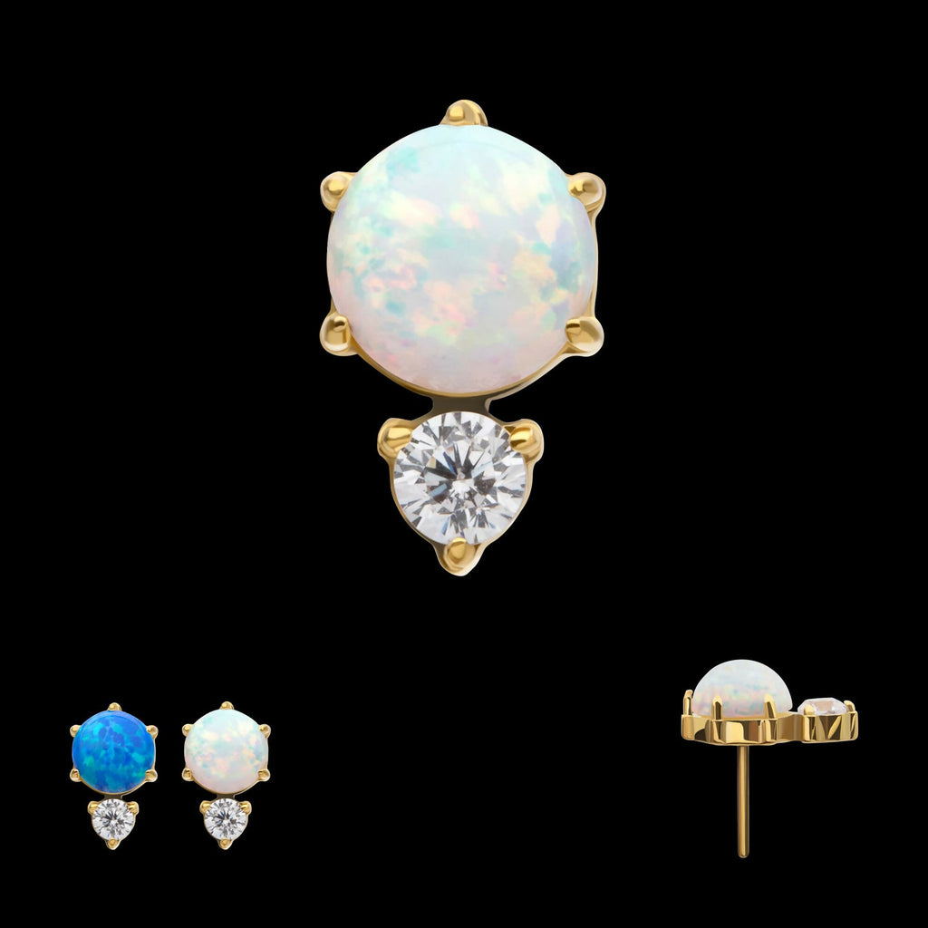 24Kt Gold PVD Threadless Prong Set Double Round Gem and Synthetic Opal Top