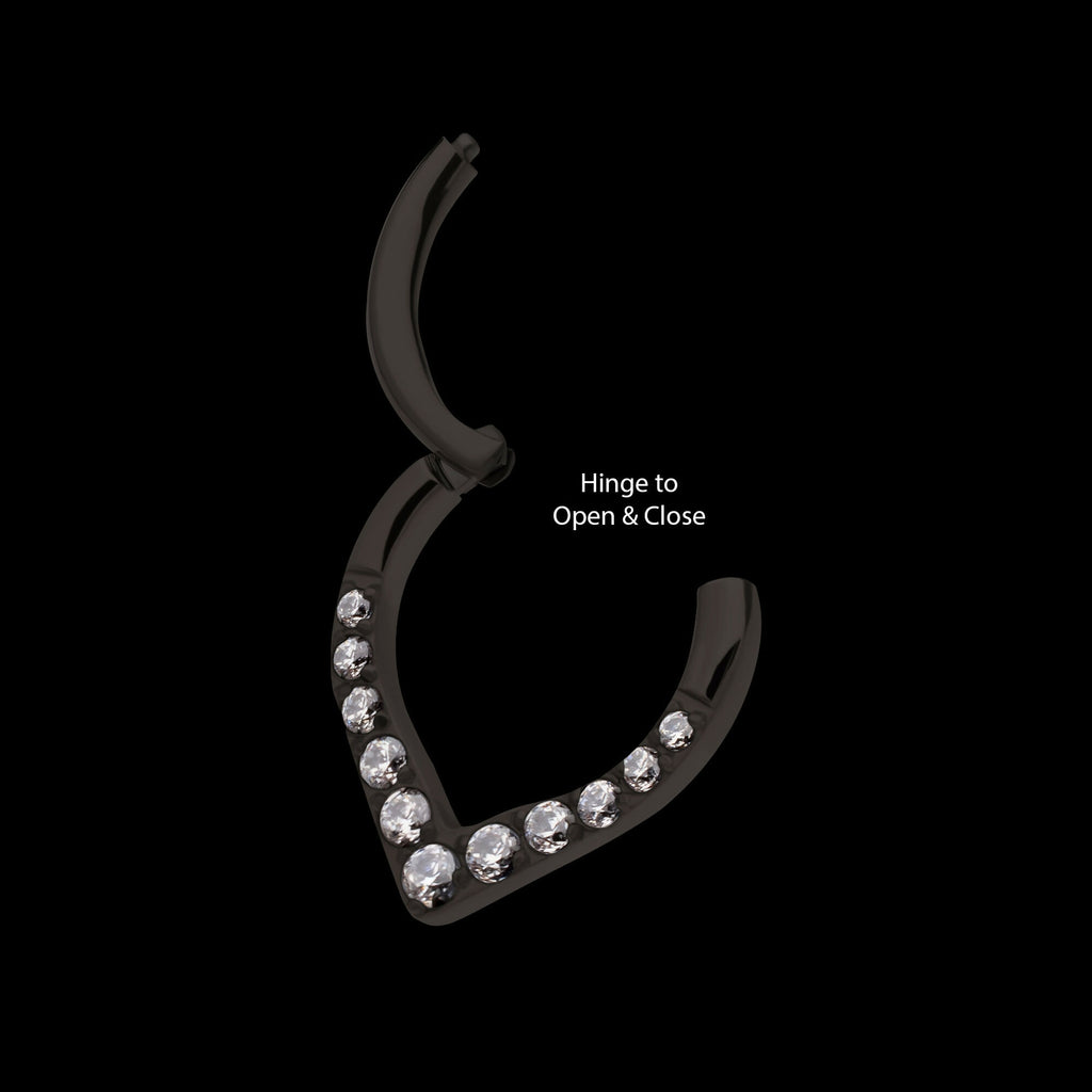 Black PVD Titanium CNC Set Gem Front Facing Teardrop Shape Hinged Segment Clicker Hoop Earring / Nosering