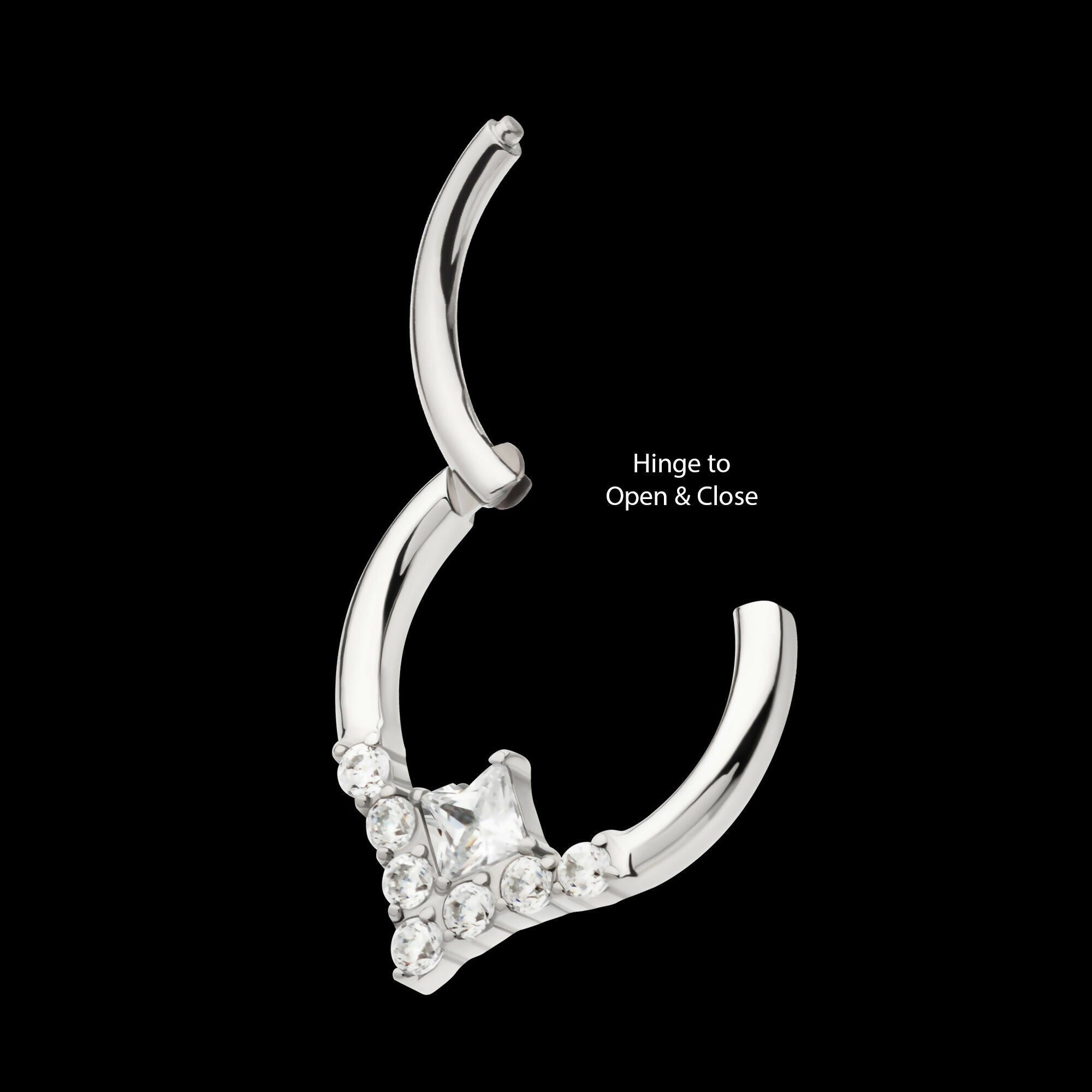 Clustered Prong Set Round CZ with Center Princess Gem Front Facing Hinged Segment Clicker Hoop Earring / Nosering – Titanium
