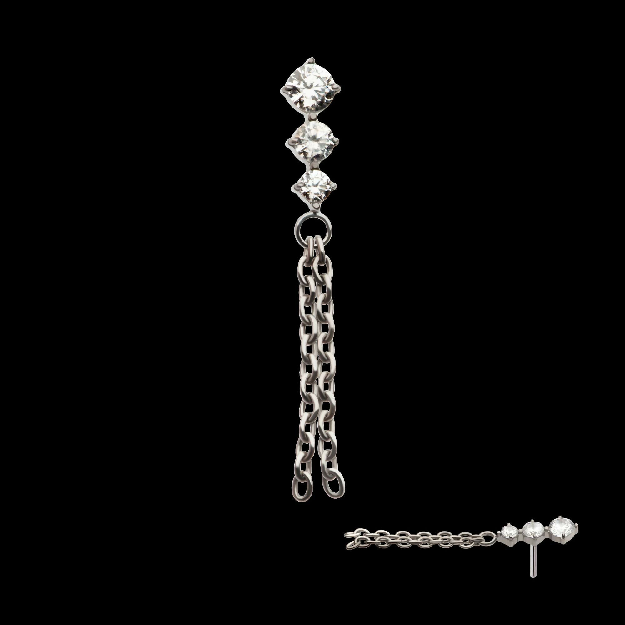 Titanium Threadless Triple Round AAA CZ Top with 2 Dangle Chains
