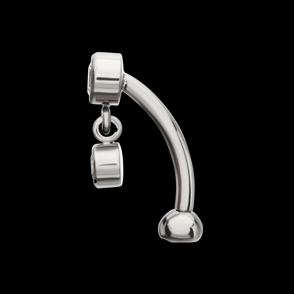 Internally Threaded Bezel Gem Fixed Top Curved Barbell with Floating Round CZ Dangle Earring / Nosering – Titanium