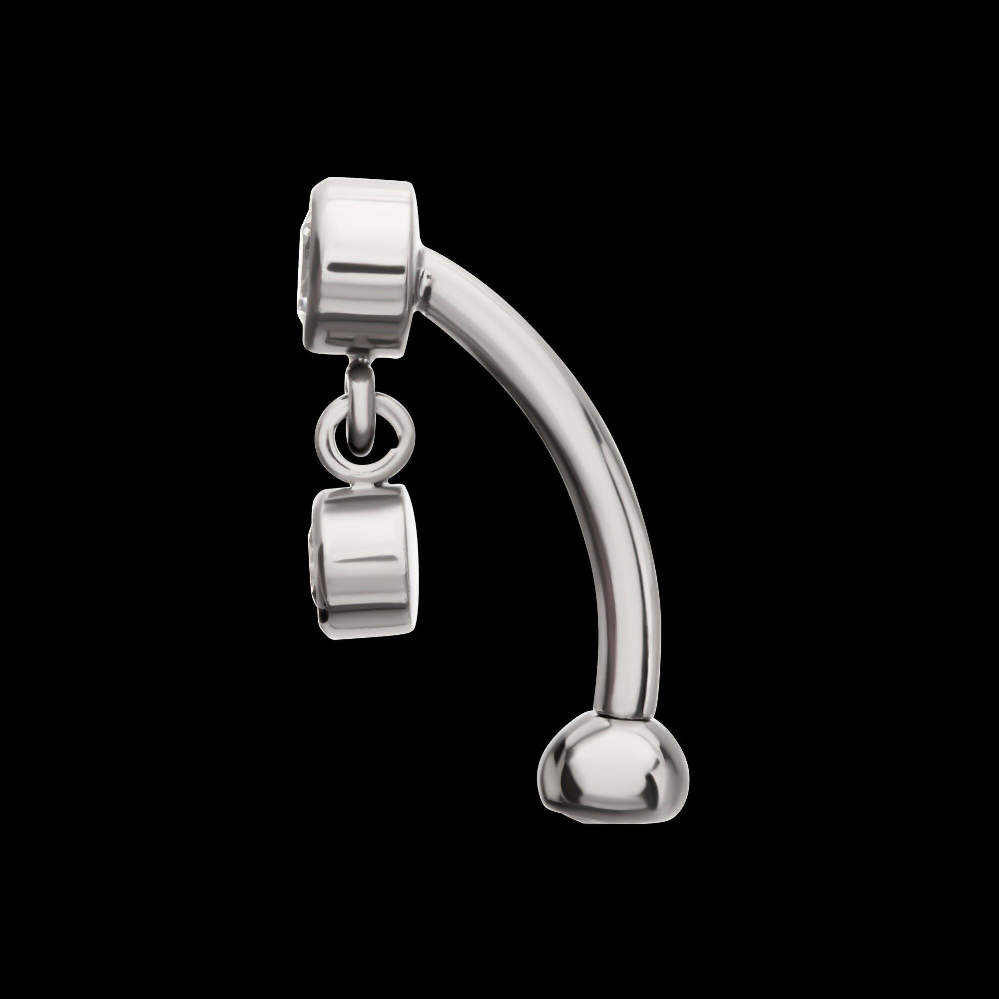 Internally Threaded Bezel Gem Fixed Top Curved Barbell with Floating Round CZ Dangle Earring / Nosering – Titanium