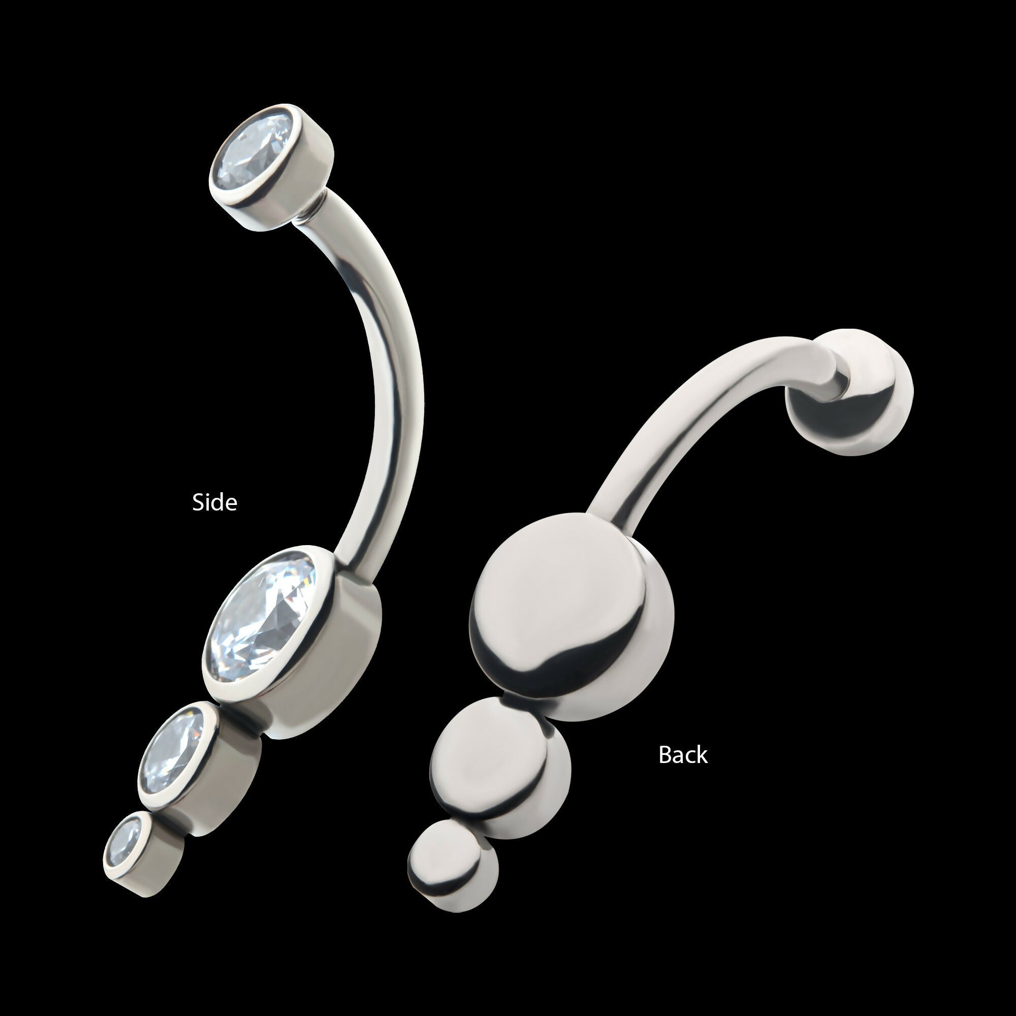 Internally Threaded with Bezel Set CZ 3-Drop Cluster Navel Curve Earring / Nosering – Titanium