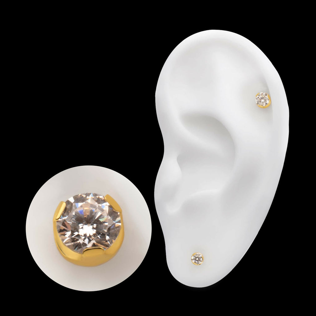 24Kt Gold PVD Titanium Threadless Semi-Bezel Set CZ Gem Top