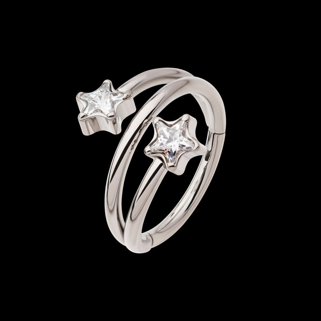 Double Ended Twist Side Facing Hinged Segment Clicker with Star CZ Hoop Earring / Nosering – Titanium