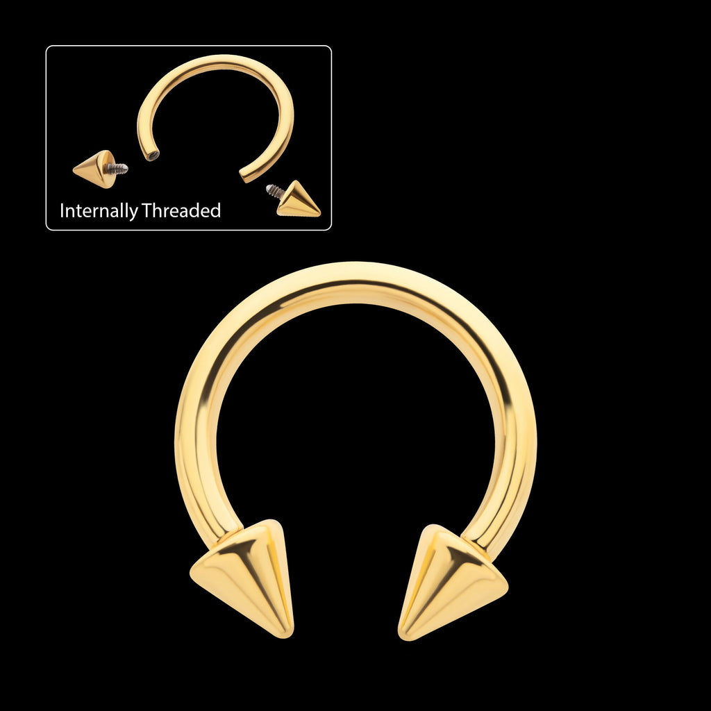 24Kt Gold PVD Titanium Internally Threaded Spike Ends Circular Barbell Earring / Nosering