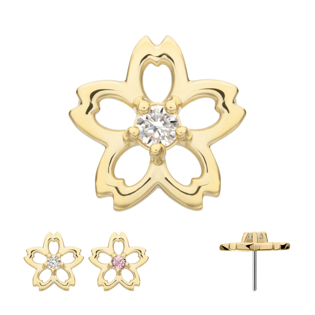 Cut Out Cherry Blossom Flower with Prong Set Gem Flatback Stud Earring / Nosering - Gem in 14Kt Yellow Gold