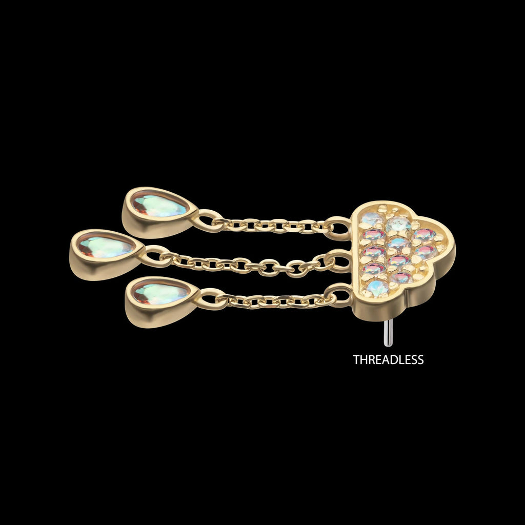 14Kt Yellow Gold Threadless Pave Round Gem Cloud Top with Bezel Pear Trio Dangle