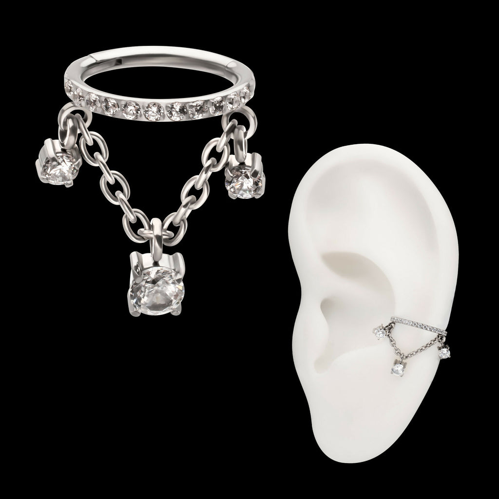 Pave Gem Hoop with Three Prong Set Gem Chain Dangle Hinged Segment Clicker Earring / Nosering – Titanium