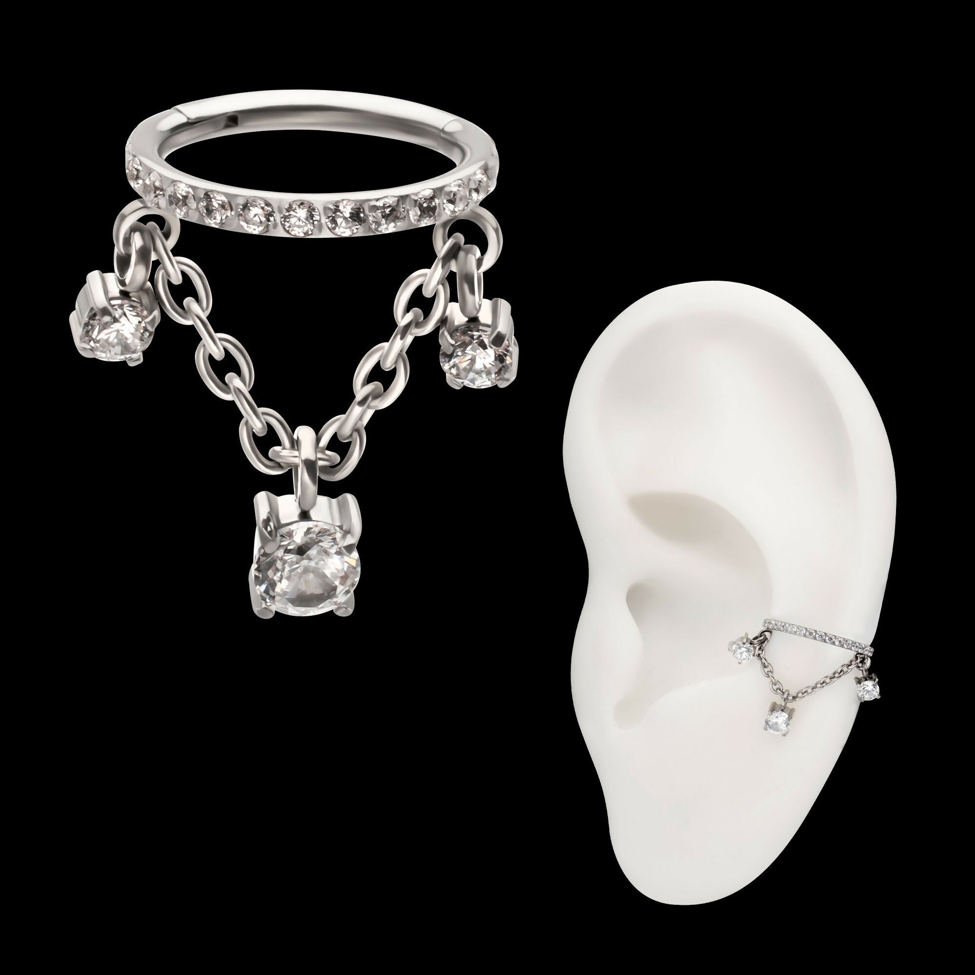 Pave Gem Hoop with Three Prong Set Gem Chain Dangle Hinged Segment Clicker Earring / Nosering – Titanium